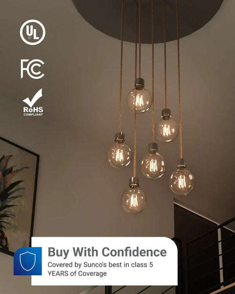 Chandelier with G25 LED Globe Light Bulbs with E26 Base, dimmable 5W, 60W equivalent warm white 3000K in modern interior