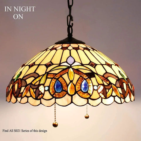 Tiffany Style Pendant Light Fixture Serenity Victorian Stained Glass Hanging Lamp, illuminated, close-up, antique bronze finish.