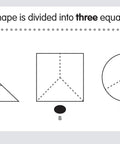 Power Pen Learning Cards Fractions Set With 106 Problems Per Box And 53 Double Sided Cards To Boost Math Practice Use With Power Pen Or Power Pen Lite features a fraction problem asking which shape is divided into three equal parts.