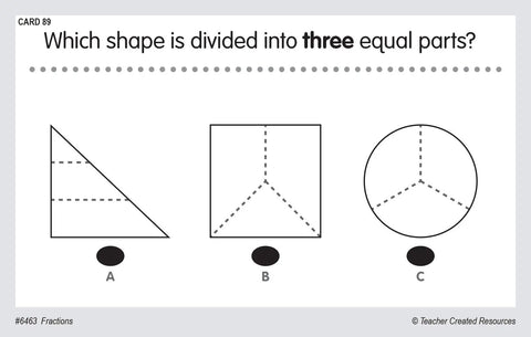Power Pen Learning Cards Fractions Set With 106 Problems Per Box And 53 Double Sided Cards To Boost Math Practice Use With Power Pen Or Power Pen Lite features a fraction problem asking which shape is divided into three equal parts.