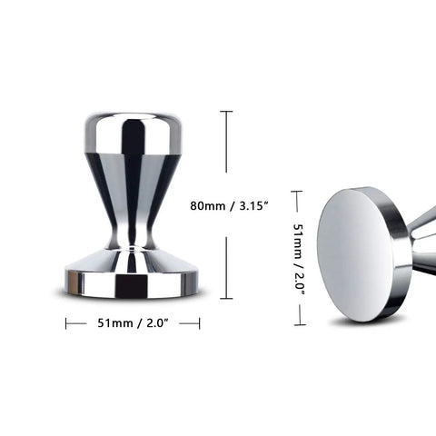 Stainless Steel Coffee Tamper 51mm Base Barista Espresso Press For Fresh Ground Beans Pro Grade Tamping Heavy Duty 570g Handle 80mm Height Ideal For Rich Even Extraction, showing tamper with measurements of 51mm base and 80mm height.