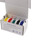 Open box of 30 AWG Tinned Copper Hookup Wire Kit with 5-color pack of stranded flexible PVC insulated cables for DIY electronics.