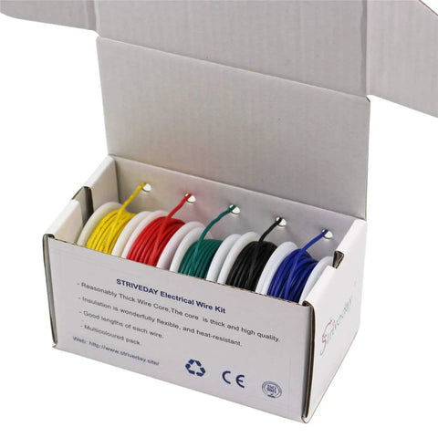 Open box of 30 AWG Tinned Copper Hookup Wire Kit with 5-color pack of stranded flexible PVC insulated cables for DIY electronics.