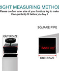 Diagram showing right measuring method for adjustable leveling feet kit for 2 by 2 inch square tubes and desk legs furniture glide levelers.