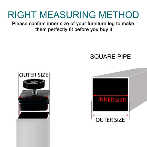 Diagram showing right measuring method for adjustable leveling feet kit for 2 by 2 inch square tubes and desk legs furniture glide levelers.