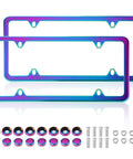 Iridescent Snazzy License Plate Frame 2 Pack Stainless Steel Mirror Polish Finish Universal US Car License Plate Bracket Holder 4 Hole Theft Deterrent Design Rustproof Weatherproof With Mounting Fittings displayed with screws and caps
