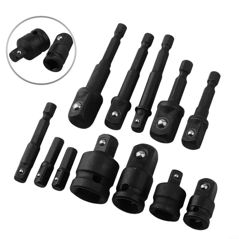 Super Cool 12-Piece Drill Socket Adapter Extender Set for Impact Drivers, Includes 1/4 Inch 3/8 Inch And 1/2 Inch Hex Shank Converters Plus Reducer Kit With Detent Ball, Perfect For Cranky Tight Spots In Any Garage Or Shop Job You Gotta Handle Today, black steel adapters