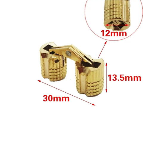 2 Pack Copper Barrel Hidden Cabinet Hinges Gold Finish For 8 To 18 Mm Doors with visible 30mm size, copper material.