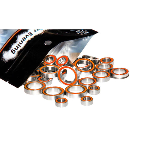 Motor bearings set, stainless steel with ceramic balls, orange seals, spilled from pouch.