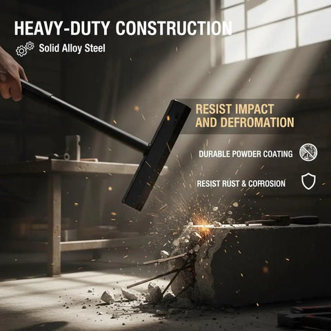 Solid alloy steel anvil tool impacting concrete, showcasing Rugged Heavy Duty Garage Door Vertical Track Repair Tool Set