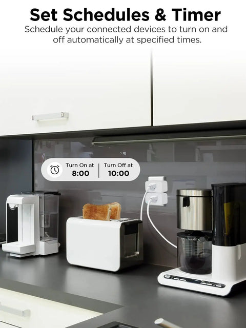 Kitchen counter with coffee maker and toaster plugged into Heavy Duty Mini Smart Plug 4 Pack with Alexa Voice Control, Timer, Child Lock.