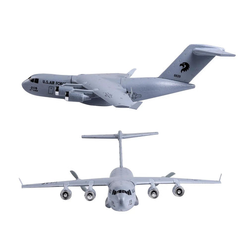 Ready To Fly RC Plane For Beginners Noob Friendly 2 4Ghz 2 Channel Airplane With Built In 3 Axis Gyro Auto Stabilization Navy Blue C17 Globemaster III Style Model, top and front views showing details and design