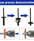 Top Shelf Heavy Duty Tri Fold Exploding Aluminum Pop Blind Rivets With Large Head Built Like A Tank For Auto Marine And Furniture Assembly 50 Piece Black Set 3 16 Inch use process demonstration showing rivet installation steps.