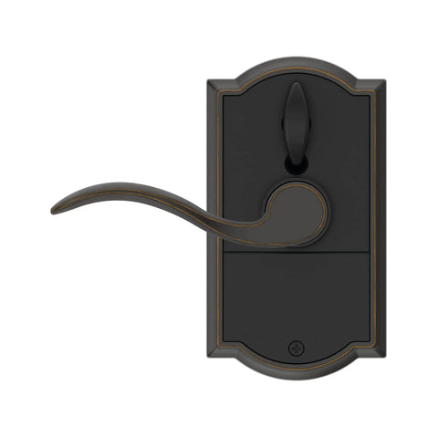 Keyless Entry Lock With Accent Lever In Aged Bronze, Electronic Door Lock With Auto Lock Or Unlocked Modes, Pre Programmed Codes For No Key Hassle Family Access, Up To 19 Codes, Cylinder Free Design For Modern Front Door Security. Front view.