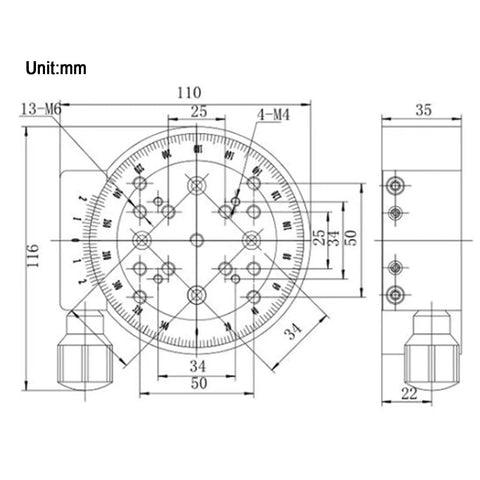 Technical drawing of R Axis Manual Rotation Stage With 100mm Fine Tuning Optical Sliding Stage 360 Degree Rotation And 15 Kg Load Capacity Aluminum Alloy Black Anodized Body Built To Last For Production Machinery And Lab Use, showing dimensions in millimeters.