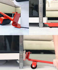 Heavy Duty Furniture Lifter Tool Set With Lifting Lever And Four Wheel Sliders in use under a couch corner