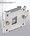 Close-up of stainless steel Four Pack 35MM DIN Rail Mounting Clip For Solid State Relay Mounting Rack In Stainless Steel With Screws Chinese Standard Easy Install Ideal SSR Mounting Kit For Single Phase Projects And Industrial Panels with screws visible.