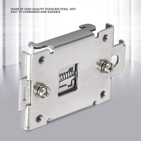 Close-up of stainless steel Four Pack 35MM DIN Rail Mounting Clip For Solid State Relay Mounting Rack In Stainless Steel With Screws Chinese Standard Easy Install Ideal SSR Mounting Kit For Single Phase Projects And Industrial Panels with screws visible.