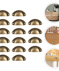Vintage 16 Piece Cabinet Handles Set With Half Round Shell Drawer Pulls In Brass Tone arranged in a grid with installation examples