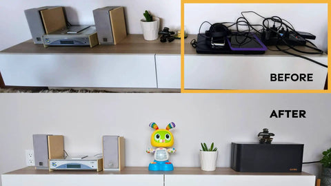 Before and after of a tidy setup using X Large Bamboo Cable Management Box With Magnetic Lid Black Cord Organizer For Power Strips Three Cutouts