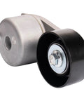 Heavy Duty Serpentine Drive Belt And Tensioner Assembly Kit with black pulley and silver metal tensioner