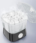 Rapid Heating Towel Warmer For Home Spa And Salon Holds 12 Mini Towels Portable Square Towel Steamer in use with steam visible