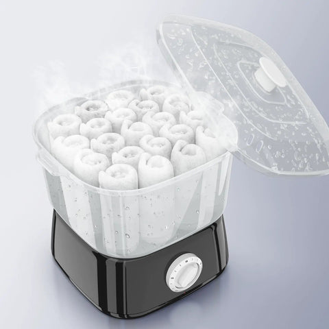 Rapid Heating Towel Warmer For Home Spa And Salon Holds 12 Mini Towels Portable Square Towel Steamer in use with steam visible