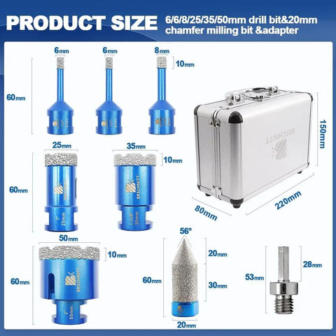 Dope Diamond Core Drill Bit Set For Porcelain Tile Ceramic Marble Granite Drilling With Diamond Drill Bits 6/6/8/25/35/50mm And Diamond Chamfer Finger Bits 0-4/5 Inch 5/8-11 Thread Grit 50/60 Adapter Included