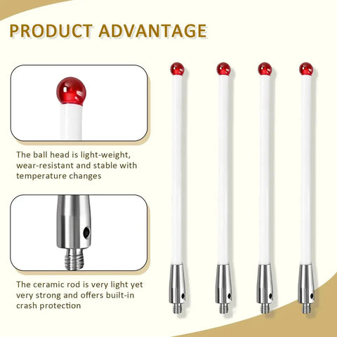 CMM Touch Probe Stylus With M4 Thread, Ceramic Stem, And Ruby Ball Tip For Ultra Precise Metrology Replacement For Renishaw A-5000-3712 Compatible Heads, 6mm Shaft, Lightweight And Rigid showing ruby tip and M4 thread