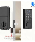 Premium Rock Solid Smart Fingerprint Deadbolt Lock Featuring Password Card Key And Phone App Control With Auto Secure Locking System on door with sensor.