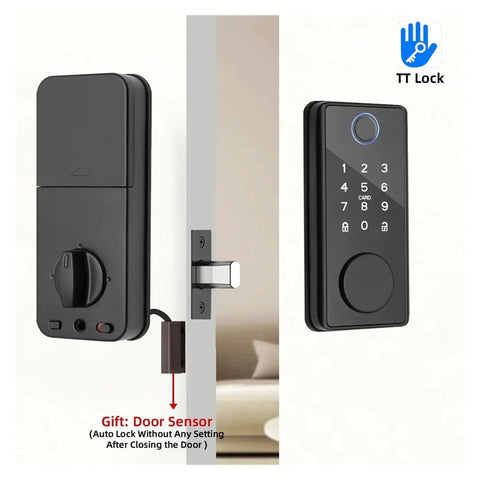 Premium Rock Solid Smart Fingerprint Deadbolt Lock Featuring Password Card Key And Phone App Control With Auto Secure Locking System on door with sensor.
