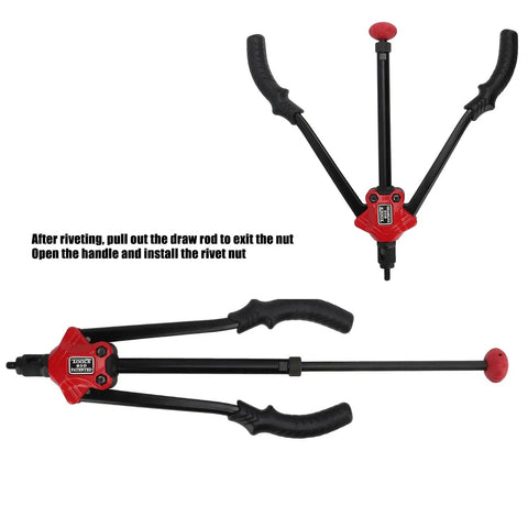 14 Inch Hand Blind Rivet Nut Setter Kit With 6 Interchangeable Mandrels Anti Slip Curved Handle, open and closed view