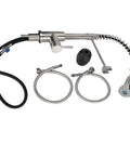Maqulae 304 Stainless Steel Kitchen Faucet with Rotatable Gooseneck for parts, including hoses and spray head.