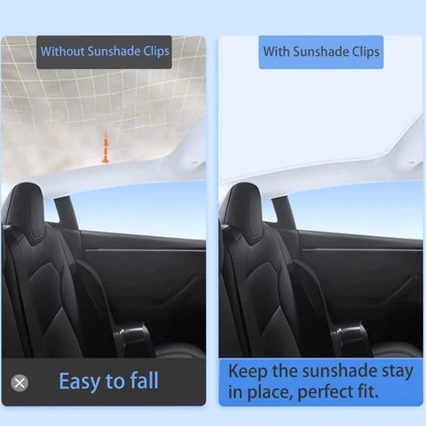 Comparison of Tesla Model sunroof shade with and without Tesla Sunshade Clips Kit For Model 3, Model Y, Model S, Model X And Cybertruck 2025.