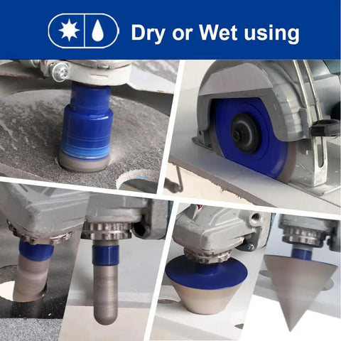 Heavy Duty Diamond Tile Drill Bit Kit Packaged With Twelve Premium Porcelain Hole Saws Built To Smoothly Crush Stubborn Ceramic Marble Granite And Stone For No Sweat Pro Level Drilling On Weekend DIY Projects, shown in use for dry or wet drilling.