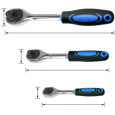 Three Piece Ratchet Set With One Quarter Inch, Three Eighth Inch, And One Half Inch Drive Sockets displayed horizontally