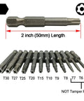 Heavy Duty Security Torx Screwdriver Bits Set With Rock Solid Magnetic S2 Steel And One Quarter Inch Hex Shank Two Inch Long T5 Through T40 Star Driver Kit displayed with 12 bits.