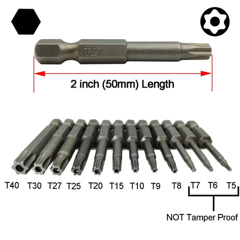 Heavy Duty Security Torx Screwdriver Bits Set With Rock Solid Magnetic S2 Steel And One Quarter Inch Hex Shank Two Inch Long T5 Through T40 Star Driver Kit displayed with 12 bits.