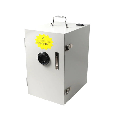 Killer 500W Industrial Benchtop Dust Collector And Lab Vacuum Extraction Unit For Fine Particle Removal Including Gypsum Resin And Metallic Debris With Hella Strong Suction Power, gray cabinet perspective.