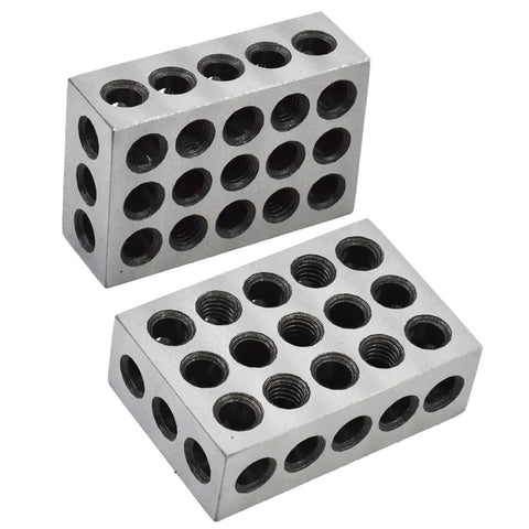 Machinist blocks 1x2x3 in, silver metal, 2-pack with multiple holes for milling setup.