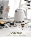 1.7L Electric Kettle With Stainless Steel Interior, BPA-Free, on table with drinks, Pearl White