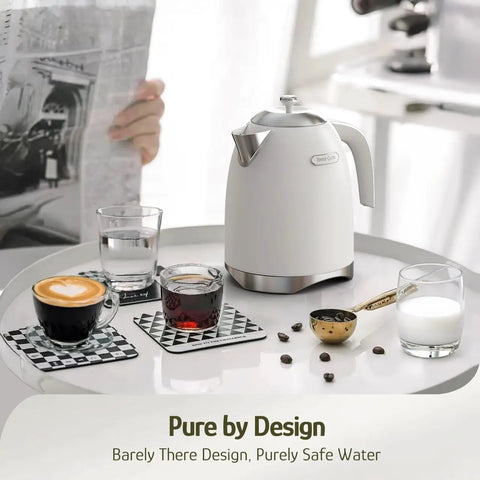 1.7L Electric Kettle With Stainless Steel Interior, BPA-Free, on table with drinks, Pearl White