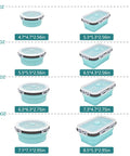 8 Piece Silicone Collapsible Food Storage Bowls with Lids, various sizes, shown collapsed and expanded, with measurements