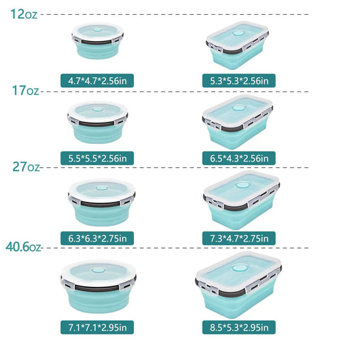 8 Piece Silicone Collapsible Food Storage Bowls with Lids, various sizes, shown collapsed and expanded, with measurements