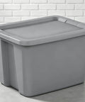 Straight Up Tough As Nails Heavy Duty Plastic Storage Bin With Secure Snap On Lid For Real Garage Setup Or Home Decluttering Projects Gray 18 Gallon Capacity with gray lid.