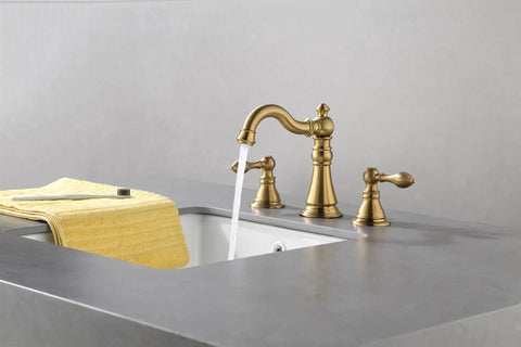 Two Handle Brushed Gold Bathroom Faucet For 3 Hole 8 Inch Widespread Lavatory With High Arc Spout And Pop Up Drain Lead Free And CUPC NSF Certified Easy Install Solid Brass Construction Fits 8 To 12 Inch Spread Lavatory Model F 8805 BG installed on sink