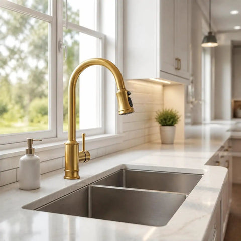 Gold Brushed Nickel Kitchen Faucet with Pull Down Sprayer, 3 Mode Sprayer above stainless steel sink in modern kitchen.