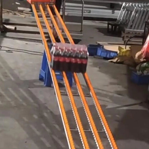 Make Cargo Move Like Butter On This Featherlight Skate Wheel Conveyor Featuring Rugged Stainless Steel Rails And Ultra Smooth Abs Plastic Tracks For Zero Sweat Sorting And Quick Dock Delivery with cans on conveyor.