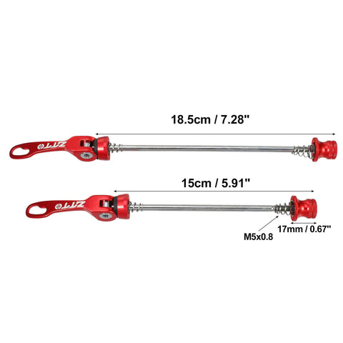 Red Quick Release Bike Skewers Set 2 Pack Front 15cm And Rear 18.5cm Aluminum Alloy Axles With M5x0.8 Thread Side View