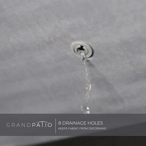Close-up of 10x13 Ft Gazebo Replacement Polyester Canopy Top with drainage hole, showing water flow, gray outdoor sun shade.